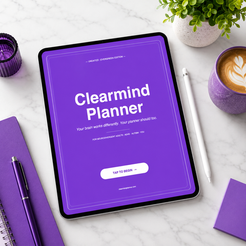 Clearmind Planner cover page displayed on iPad showing purple design with text Your brain works differently Your planner should too