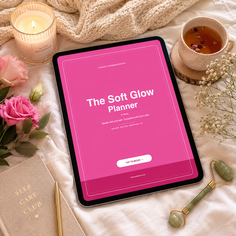 The Soft Glow Planner cover displayed on iPad showing pink wellness design with tagline Gentle with yourself Consistent with your care