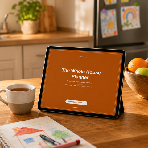 The Whole House Planner digital family planner displayed on iPad with warm amber design showing Run the house Not yourself into the ground.