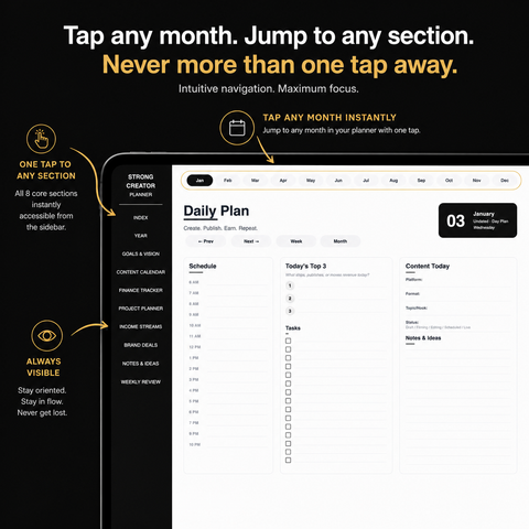 Hyperlinked navigation system showing black sidebar with section links and top month nav bar in digital planner for GoodNotes iPad