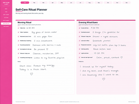 Self-care ritual planner page with two columns for morning ritual and evening wind-down routine with checkboxes for mindfulness skincare and gratitude