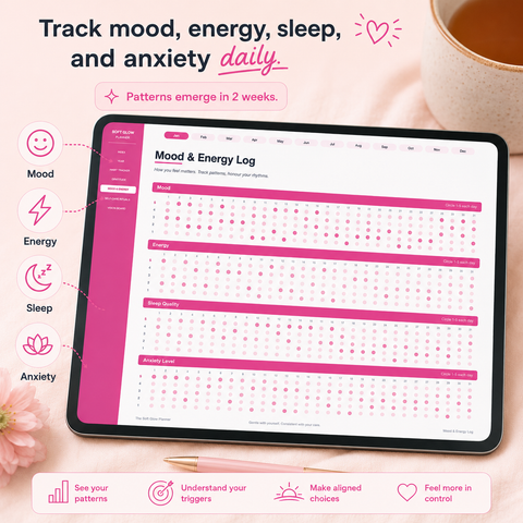 Vision board page with six panels for ideal morning how I want to feel body and health relationships environment and inner world in self-care planner