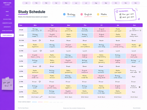 Study schedule page with weekly time-blocked grid from 8 AM to 10 PM across seven days colour-coded by subject in student iPad planner