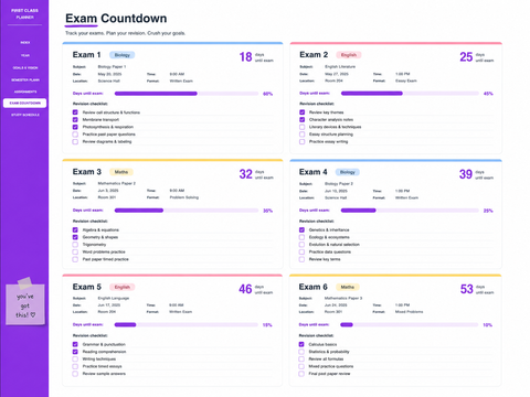 Exam countdown page with six exam cards showing visual progress bars and revision checklists per subject in student planner for GoodNotes