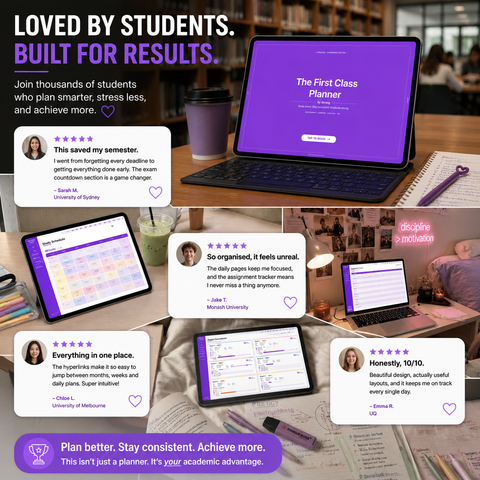 Infographic showing 438 pages in student digital planner including daily pages weekly spreads semester planner assignment tracker exam countdown and study schedule