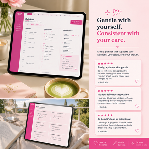 Infographic showing contents of Soft Glow wellness planner 438 pages including daily pages weekly spreads habit tracker gratitude journal mood log and self-care rituals