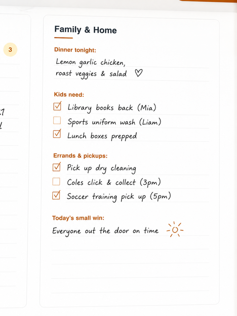 Grocery list page organised by aisle with eight categories including fresh produce dairy meat bakery pantry frozen snacks and household items with checkboxes