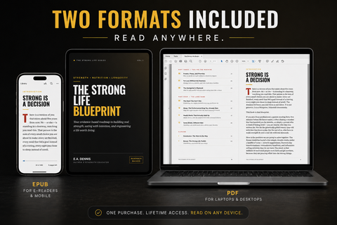 The Strong Life Blueprint eBook shown on a phone tablet and laptop demonstrating reflowable EPUB and PDF formats for any device