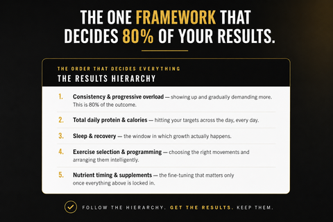 Results Hierarchy framework page from the Strong Life Blueprint showing the five tiers that determine strength and muscle outcomes