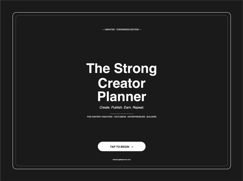 The Strong Creator Planner cover displayed on iPad showing black premium design with text Create Publish Earn Repeat for content creators