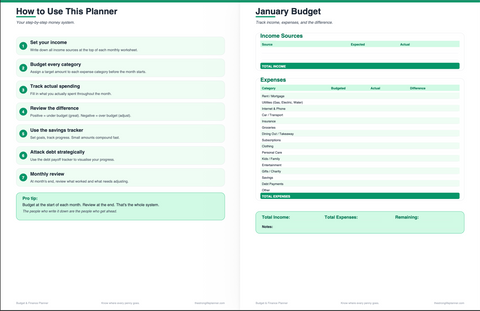 Budget & Finance Planner — Digital Monthly Budget Tracker, Debt Payoff, Savings Goals, Net Worth
