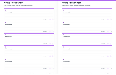 Exam Revision Workbook — Active Recall, Spaced Repetition, Past Paper Tracker, Study Planner