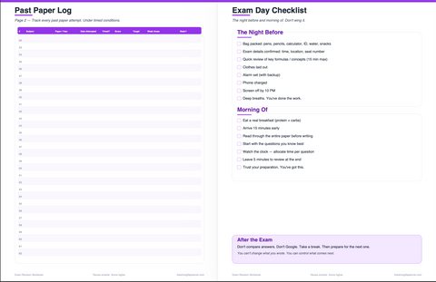 Exam Revision Workbook — Active Recall, Spaced Repetition, Past Paper Tracker, Study Planner